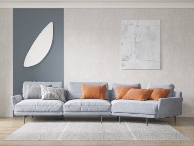 Parlak, rahat bir oturma odası, özel bir köşe kanepesi ve modern dekoratif bir arka planı var..