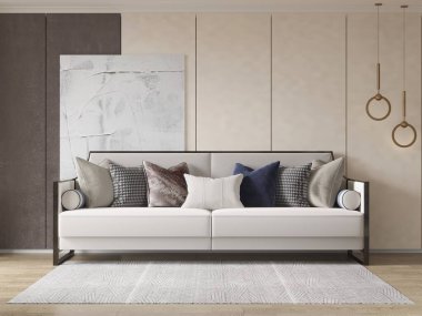 Parlak, ferah bir oturma odası, şık bir kanepe ve modaya uygun dekoratif bir arka plan, 3 boyutlu görüntüleme..