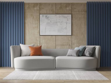 Geniş, şık bir koltuğu ve modaya uygun dekoratif arka planı olan 3D bir oturma odasıyla alay etmek..