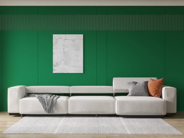 Parlak, ferah bir oturma odası, şık bir kanepe ve modaya uygun dekoratif bir arka plan, 3 boyutlu görüntüleme..