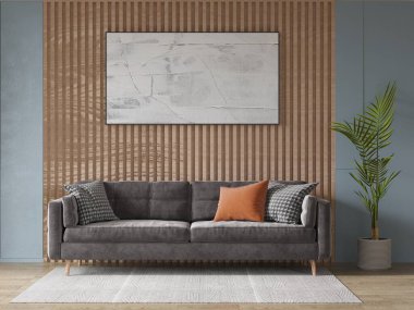 Modern bir oturma odasının maketi yaratıcı rahat bir kanepe ve modaya uygun dekoratif arka plan, 3 boyutlu canlandırma..