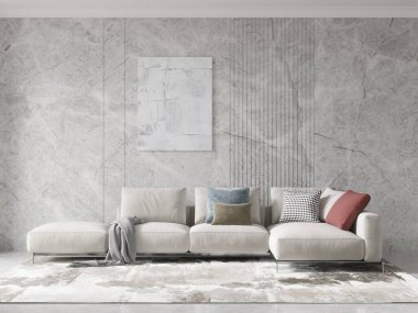 Moda işlevsel kanepesi ve modaya uygun dekoratif arka planı olan, 3 boyutlu bir oturma odası..