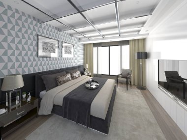 Şık, rahat bir yatağı ve dekoratif bir arka planı olan ideal bir yatak odası..