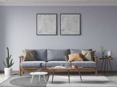 Orijinal rahat bir kanepesi ve dekoratif arka planı olan özel bir oturma odası hazırla..