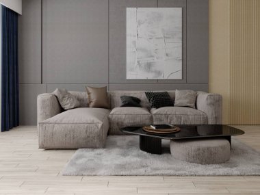 Konforlu bir köşe koltuğu ve modaya uygun dekoratif arka planı olan muhteşem bir oturma odası..