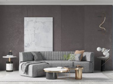 Orijinal bir tasarımı olan şık bir oturma odası, rahat bir kanepe ve modaya uygun dekoratif bir arka plan, 3 boyutlu bir tasarım..