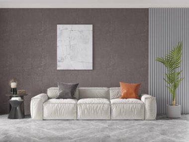 Şık bir oturma odası, özel konforlu bir kanepe ve modaya uygun dekoratif bir arka plan, 3 boyutlu görüntüleme..