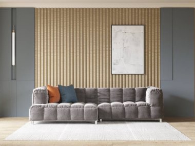 Modern bir oturma odası, şık rahat bir kanepe ve orjinal dekoratif bir arka plan, 3 boyutlu görüntüleme..
