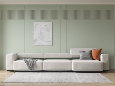 Zarif bir oturma odası, hafif rahat bir kanepe ve modaya uygun dekoratif bir arka plan, 3 boyutlu görüntüleme..