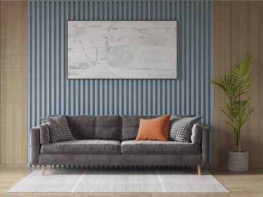 Modern bir oturma odası, zarif rahat bir kanepe ve modaya uygun dekoratif bir arka plan, 3 boyutlu görüntüleme..