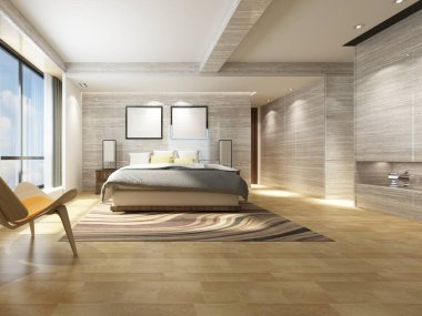 Parlak bir yatak odası, geniş rahat bir yatak odası ve modaya uygun dekoratif bir arka plan, 3 boyutlu görüntüleme..