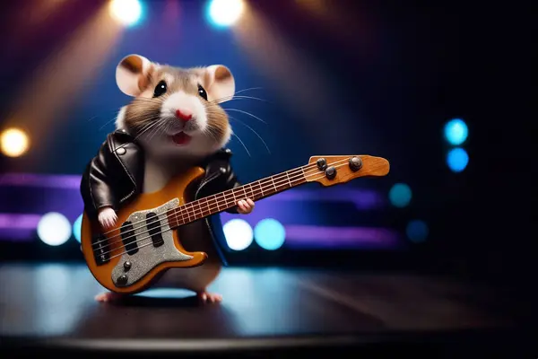 Hamsterrock Musiker Steht Mit Einer Gitarre Licht Der Bühnenbeleuchtung Auf Stockbild