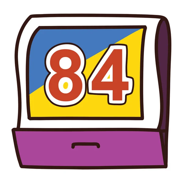 マッチ棒付きのマッチボックスグラフィック 黄色の青と紫のマッチ箱84番のタイポグラフィ — ストックベクタ
