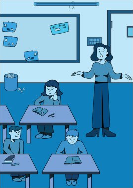 Sınıfın vektör ilüstrasyonunda bir grup öğrenciye ders veren genç bir kadın..