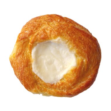 Krem peynirli Danimarka hamur tatlısı yakın çekim makro izole nesne fotoğrafı. Taze tarımsal ürün ya da kafe menüsü. Market ürünleri. Kahvaltı, çay ya da kahve molası..