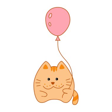 Beyaz arka planda izole edilmiş komik karikatür karalama vektör çizimi olan sevimli bir kedi. Renkli Clipart tasarım elemanı. Sevimli gülümseyen hayvan karakteri. Doğum günü tebrik kartı şablonu.