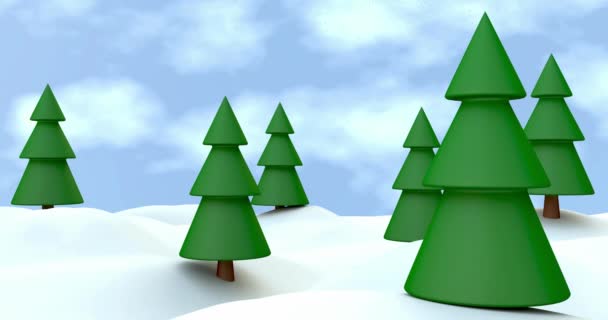 Düşen Kar Yeşil Çam Ağaçlarıyla Karlı Arazide Bulutlu Gökyüzüne Karşı — Stok video