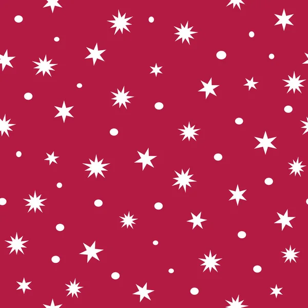白い星と雪の結晶のシームレスなパターン抽象的なタイルベクトルとクリスマスマゼンタ赤の背景 シンプルな幾何学形の飾り テクスチャを繰り返します 予備だ 壁紙だ ギフト包装紙 — ストックベクタ