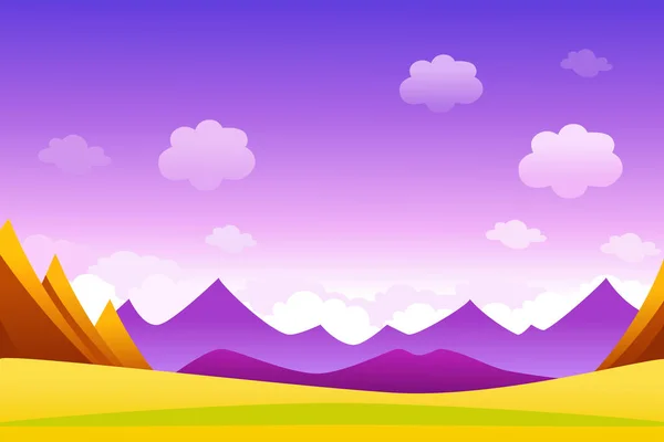 Nature landscape background with colorful sky, clouds, mountains and grass field vector illustration. Design template in simple cartoon style.