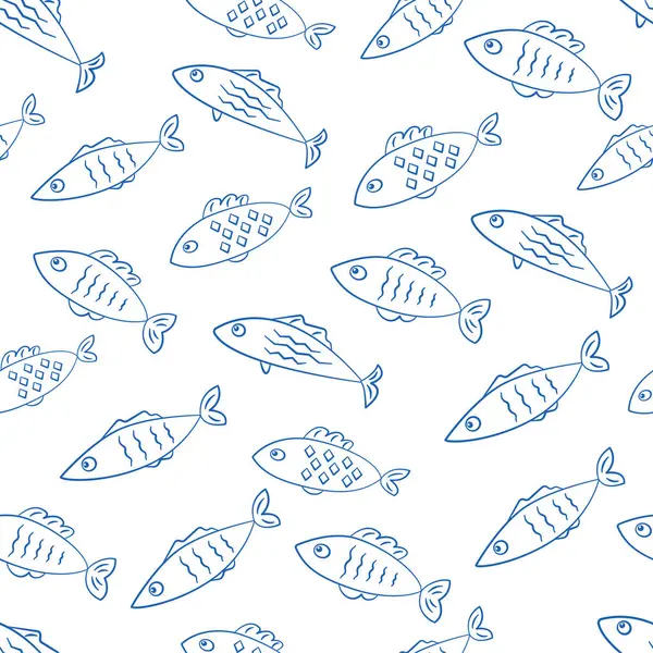 Fish Seamless Pattern Blue Outline Contour Fishes Drawings White Background — Stock Vector
