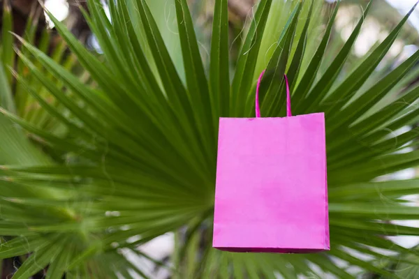 ヤシの葉にピンクの明るい紙の袋 モックアップ — ストック写真