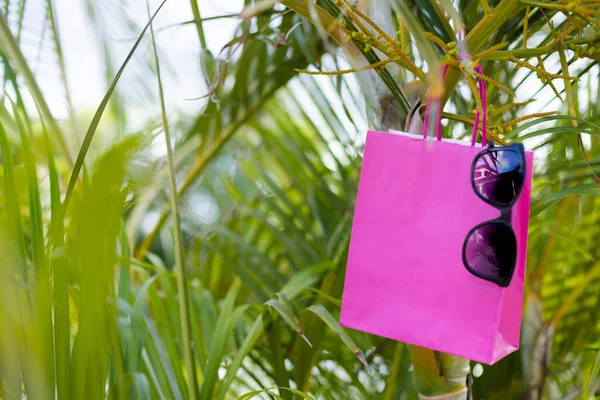 Розовый Яркий Бумажный Пакет Солнцезащитными Очками Ладони Mockup — стоковое фото