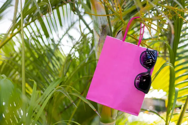 粉红的纸袋 带着太阳镜 放在棕榈叶上 莫科普 — 图库照片
