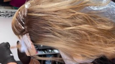 Putting hair dye on the strand of hair. Colouring hair at beauty salon. 4K vertical footage.