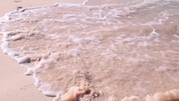 Wave Met Veel Water Spoelde Voetafdrukken Het Roze Zandstrand Weg — Stockvideo