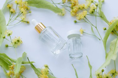 Linden küçük cam bir şişe içinde özüt. Bitkisel ilaç konsepti