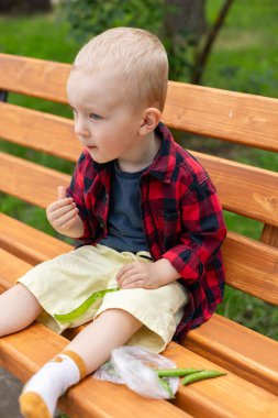 Küçük çocuk dışarıda bir bankta oturmuş taze bezelye yiyor. Seçmeli odak, ayrışma