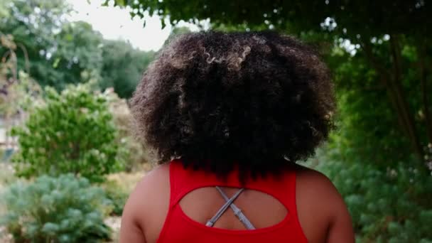 Camera Walking Curly Woman Forest She Has Huge Curly Hair — Stockvideo