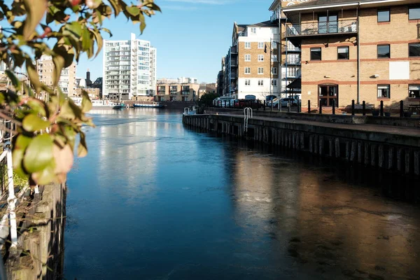 Água Congelada Bacia Limehouse Londres Dia Inverno Ensolarado Podemos Ver — Fotografia de Stock