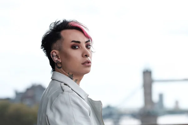 Androgynous Male Model Looking Camera Tower Bridge London Background Tattoos — Stock Photo, Image