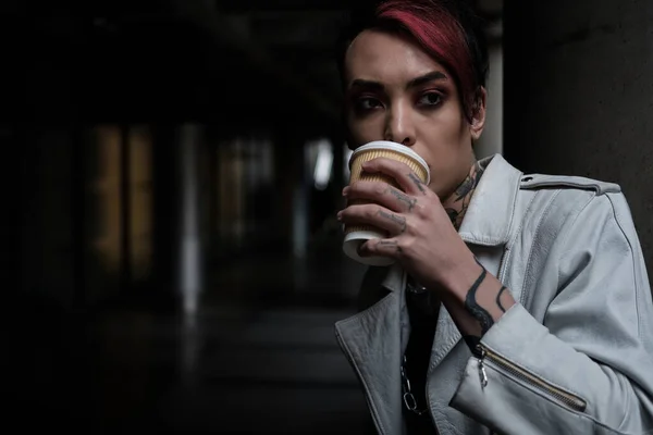 Low Key Portrait Androgynous Male Model Drinking Coffee Alley Moody — Stock Photo, Image