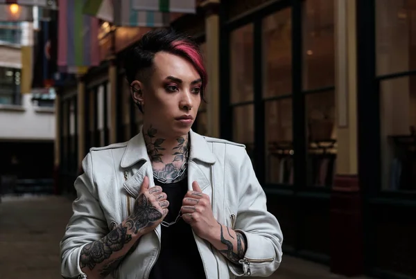 Pensive Androgynous Non Binary Male Antique Environment Leather White Jacket — Stock Photo, Image