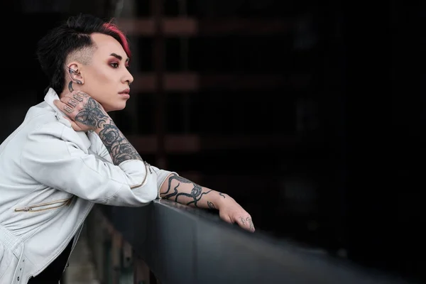 Androgynous Non Binary Male Model Looking Away Wearing White Leather — Stock Photo, Image