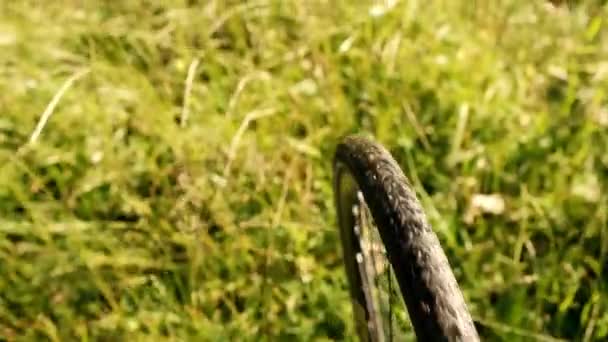 自行车轮子在高高的草地上旋转 转轮部分的缓慢运动 放松车体 自然与健康业余爱好概念 — 图库视频影像