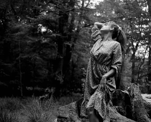 Taneli tek renkli orta formatlı bir film. Genç bir kadının elbise giydiği, ormanda ağaç kütüğünde poz verdiği, saçlarını tek eliyle tuttuğu, ağaçların arasından süzülen güneş ışığıyla çekilmiş bir fotoğraf.