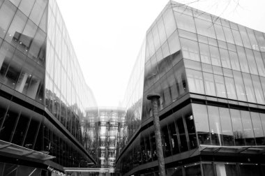 Modern cam mimarisi tek renkli filmle Londra şehrini yansıtır, görünür tahıllar, kentsel gelişim ve mimari tasarım sergilenir.