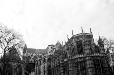 Londra 'da büyük bir gotik kilise olan Westminster Manastırı, tek renkli gökyüzüne karşı mimari sergiler, klasik film fotoğrafçılığıyla yakalanır.