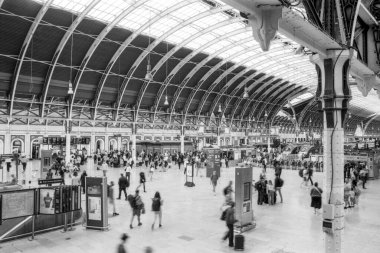 Londra 'daki Paddington istasyonunda yüksek kemerli cam çatısı ve demir yapısı ile yürüyen yolcuların tek renkli uzun pozu klasik bir analog hissi veriyor.