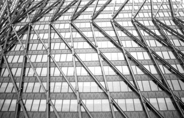 Graminli monokrom analog görüntü 35 mm 'lik film üzerinde çekilen karmaşık geometrik desenler ve kentsel yansımalarla modern bir cam ve çelik bina cephesini yakalıyor.