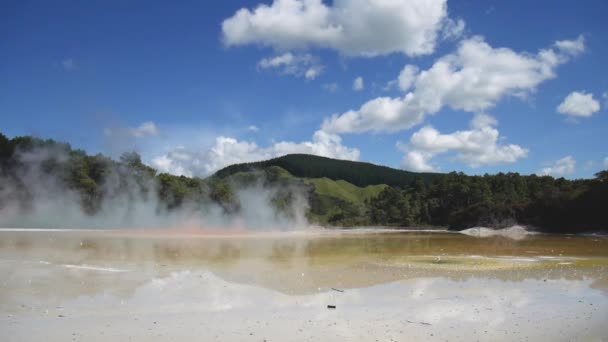 Steam Rising Colorful Geothermal Lake Full New Zealand — Stock Video