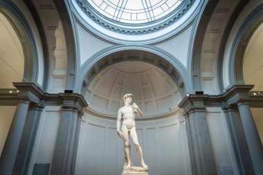 Michelangelo 'dan David' in heykeli, Accademia Galerisi 'nden geniş çekim, Floransa, İtalya, Avrupa.