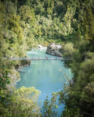 İnsanlar, Yeni Zelanda 'nın sık ormanları ile çevrili göktaşı sularıyla sarmaşık köprüsünden geçiyorlar..