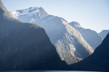 Fjord landscape with lush forest and high peak with glacier towering above the sea, New Zealand. clipart