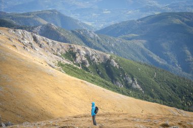 Hiker standing on the mountain summit and enjoying landscape scenery around him, Austria, Europe. clipart