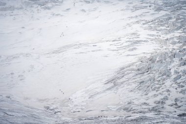 Zorlu buzullara tırmanan insan grupları, Pamir Dağları, Kırgızistan 'dan uzak bir çekim alanı..