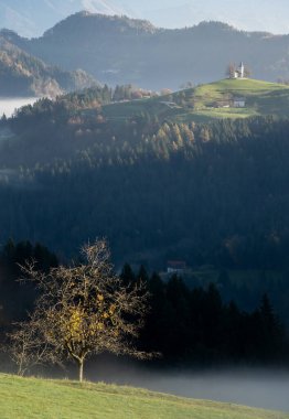 Tepeleri ve küçük kiliseleri olan dikey sonbahar manzarası bunlardan birinin üzerinde, Slovenya, Avrupa.